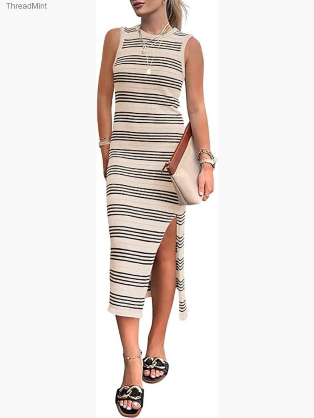 Sleeveless Midi Bodycon Dress, Hollow Out Striped, Slim Fit, Side Slit